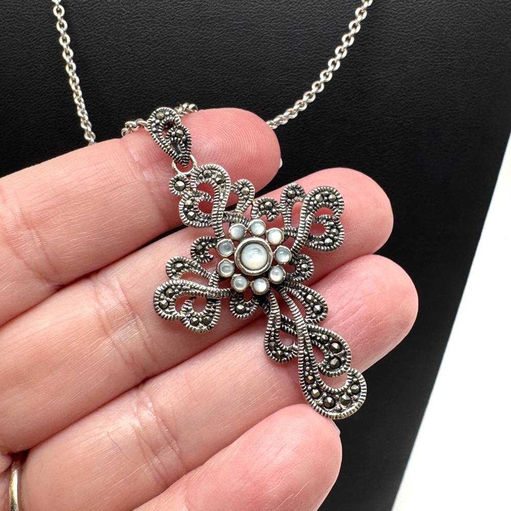 Vintage Sterling Silver Marcasite and Moonstone Filigree Cross Pendant Necklace